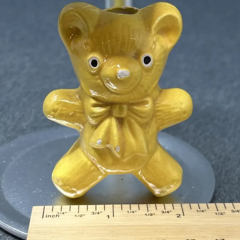 Vintage 2pc Yellow Ceramic Teddy Bear Macrame Beads 2 3/4in Crafting Supplies